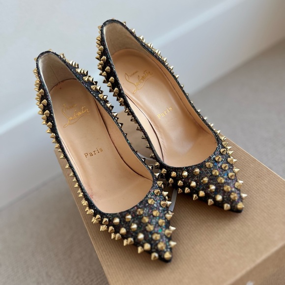 Christian Louboutin Follies Spikes 100mm Glitter Resille/Spec, Size EU 34 - Picture 3 of 11